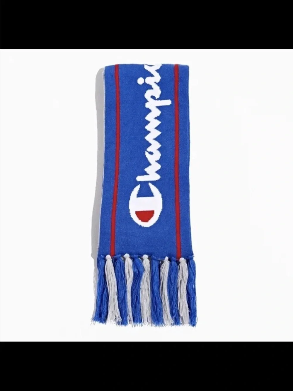 Champion Since 1919 Reversible Knit Scarf Blue Gray Logo Winter Fringe 64”